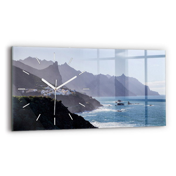 Glass wall clock rectangular Mountains by the ocean