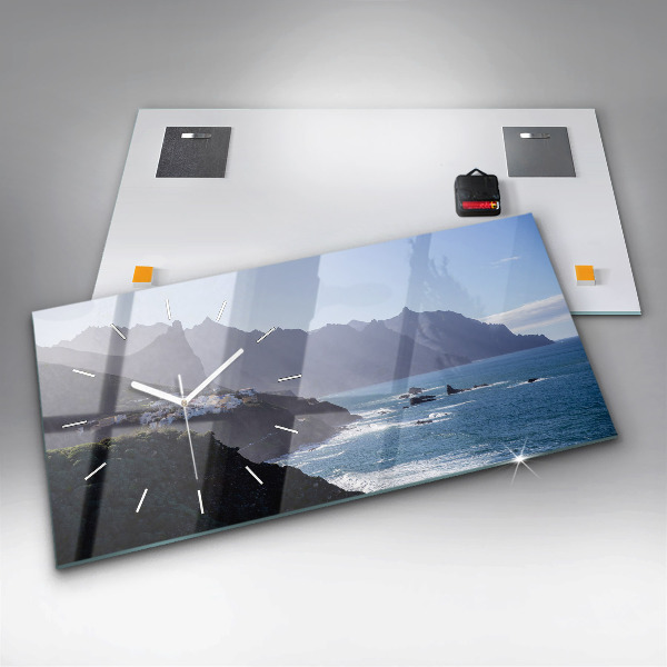 Glass wall clock rectangular Mountains by the ocean