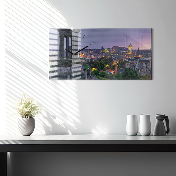 Glass wall clock rectangular Edinburgh from Calton Hill