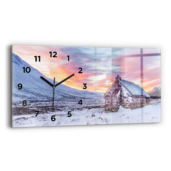 Glass wall clock rectangular Cottage in the mountains