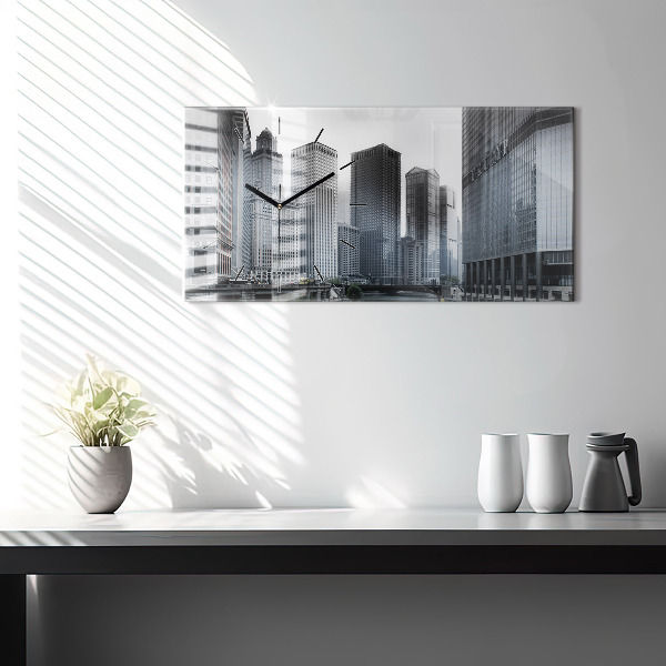 Glass wall clock rectangular Lodz with a panorama of the city