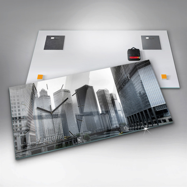 Glass wall clock rectangular Lodz with a panorama of the city