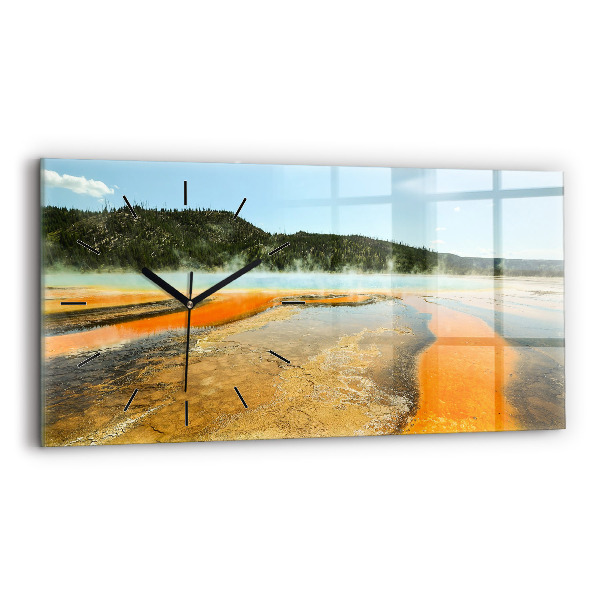 Glass wall clock rectangular Lake with Mountains