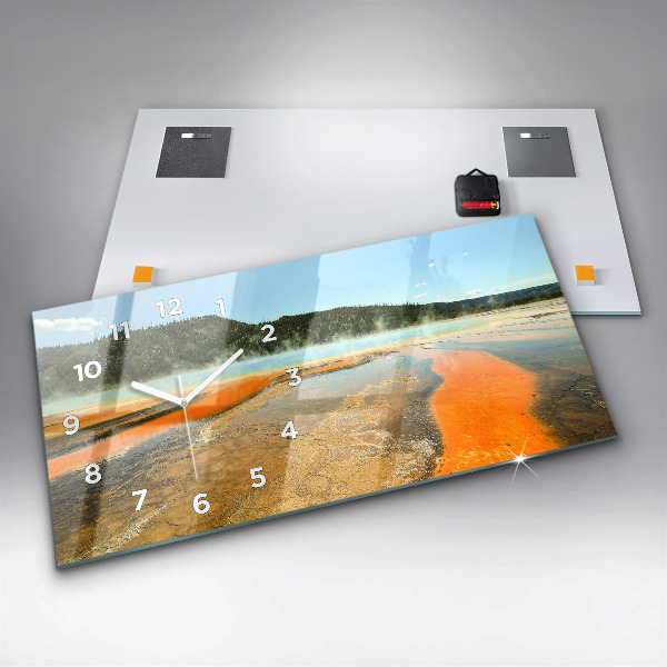 Glass wall clock rectangular Lake with Mountains