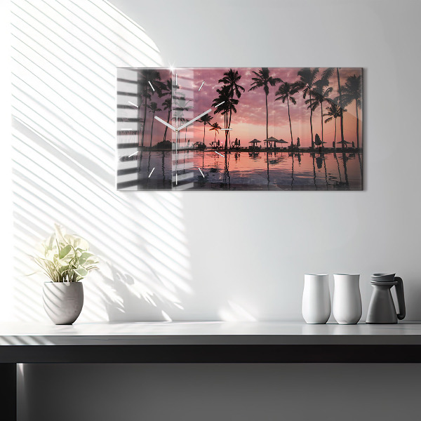 Glass wall clock rectangular Palm trees in Hawaii