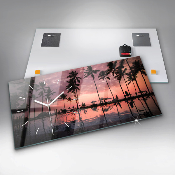 Glass wall clock rectangular Palm trees in Hawaii