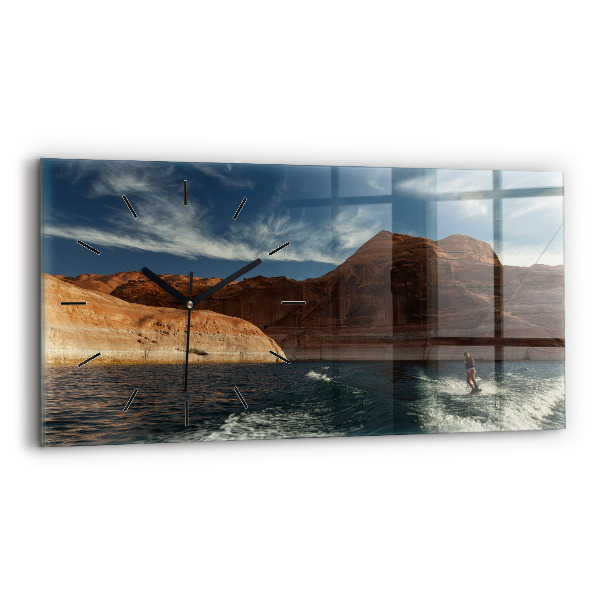 Glass wall clock rectangular Person on water skis