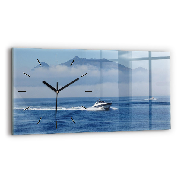 Glass wall clock rectangular A boat floating on the ocean