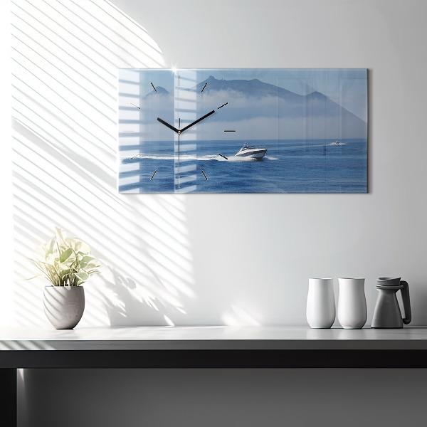 Glass wall clock rectangular A boat floating on the ocean