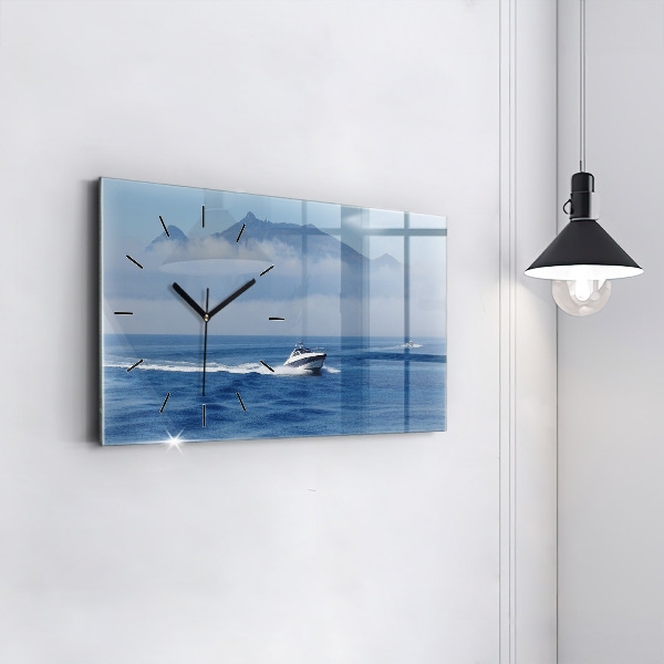 Glass wall clock rectangular A boat floating on the ocean