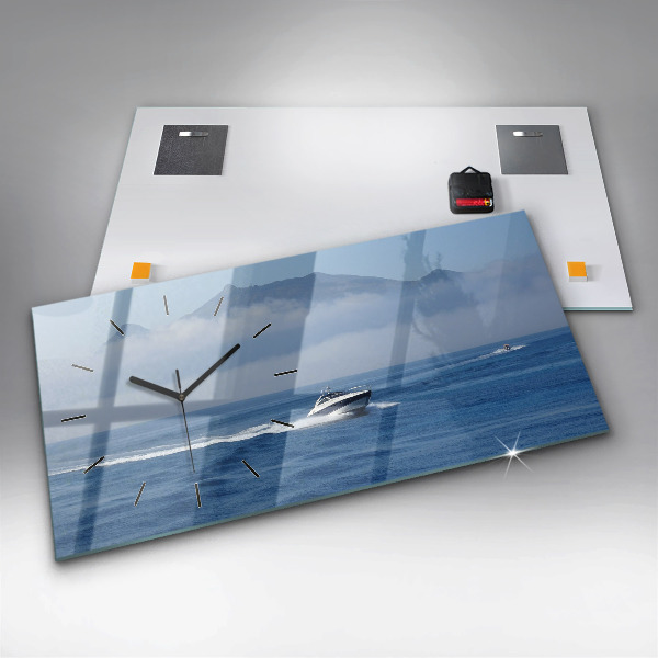 Glass wall clock rectangular A boat floating on the ocean
