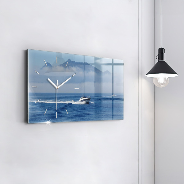 Glass wall clock rectangular A boat floating on the ocean