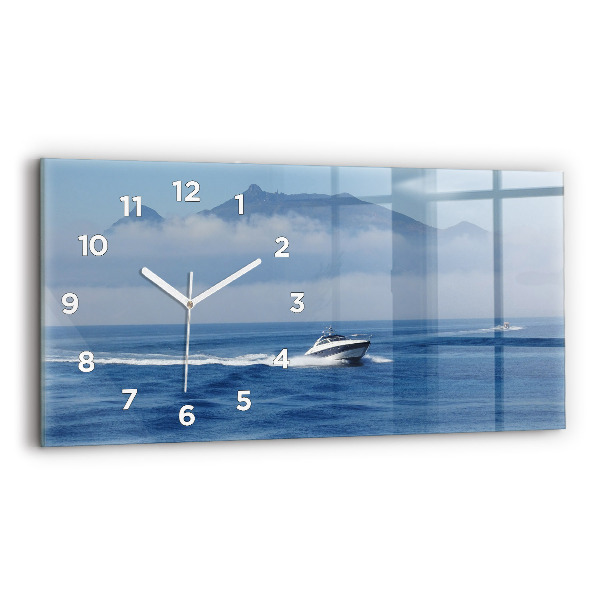 Glass wall clock rectangular A boat floating on the ocean
