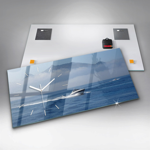 Glass wall clock rectangular A boat floating on the ocean