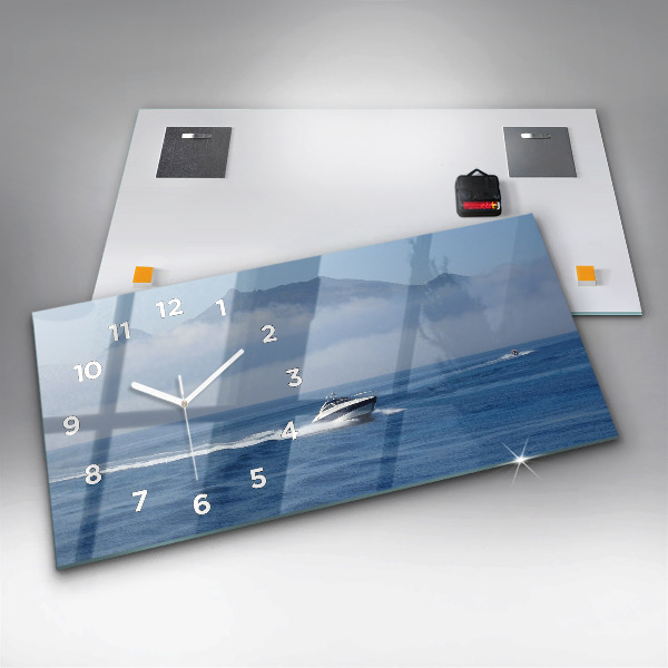 Glass wall clock rectangular A boat floating on the ocean