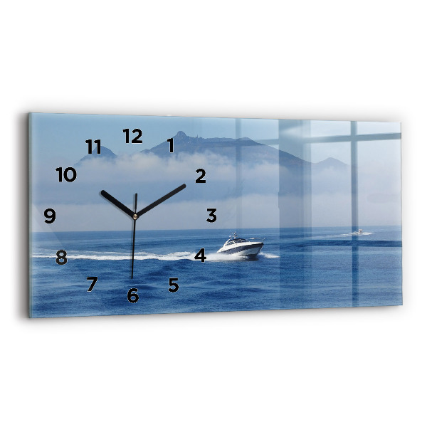Glass wall clock rectangular A boat floating on the ocean