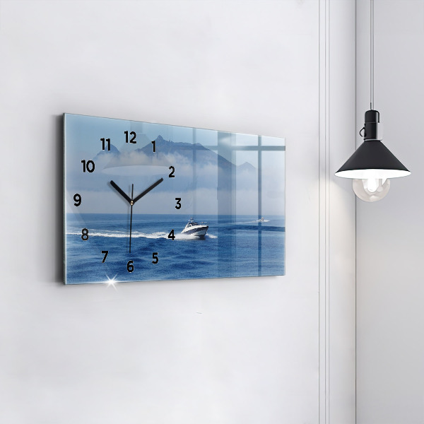 Glass wall clock rectangular A boat floating on the ocean