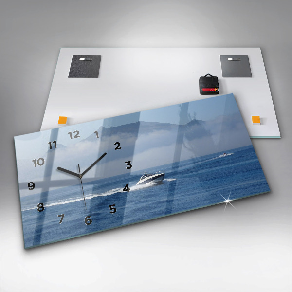 Glass wall clock rectangular A boat floating on the ocean