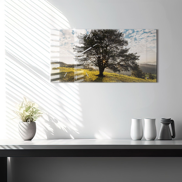 Glass wall clock rectangular A tree on a hill
