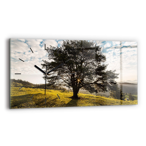Glass wall clock rectangular A tree on a hill