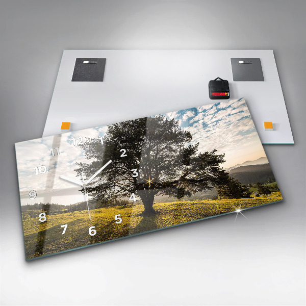 Glass wall clock rectangular A tree on a hill
