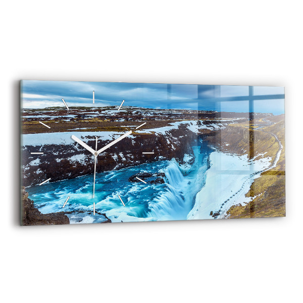 Glass wall clock rectangular Gullfoss Waterfall in Iceland