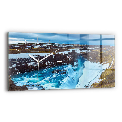 Glass wall clock rectangular Gullfoss Waterfall in Iceland