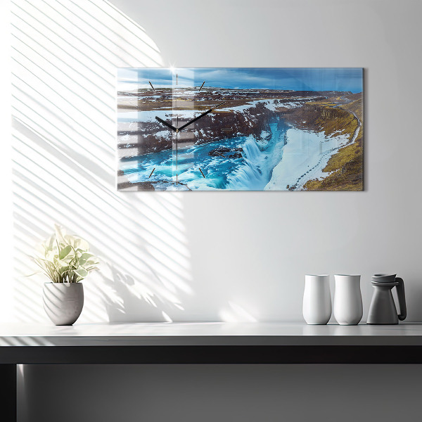 Glass wall clock rectangular Gullfoss Waterfall in Iceland