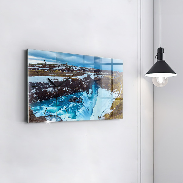 Glass wall clock rectangular Gullfoss Waterfall in Iceland