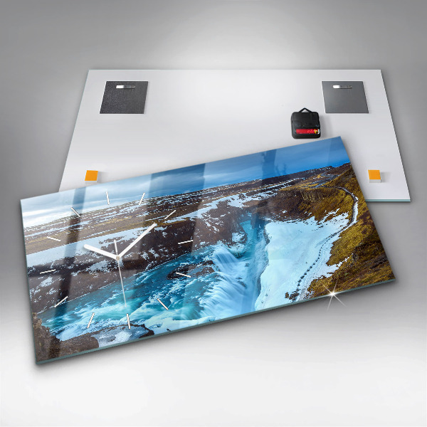Glass wall clock rectangular Gullfoss Waterfall in Iceland