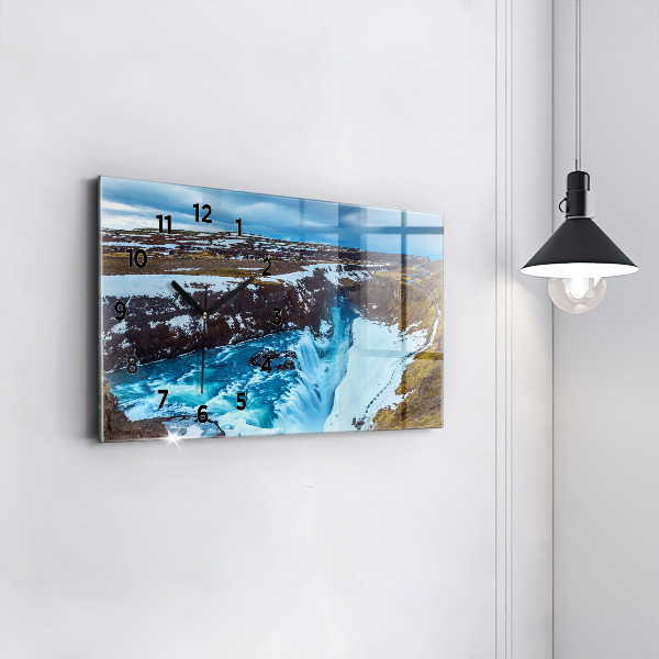 Glass wall clock rectangular Gullfoss Waterfall in Iceland