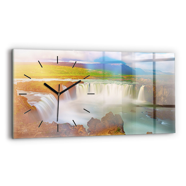 Glass wall clock rectangular Godafoss in Iceland