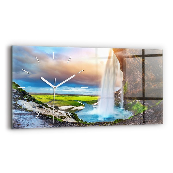 Glass wall clock rectangular Waterfall in Iceland