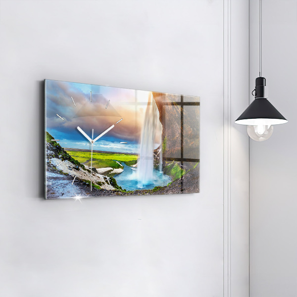 Glass wall clock rectangular Waterfall in Iceland