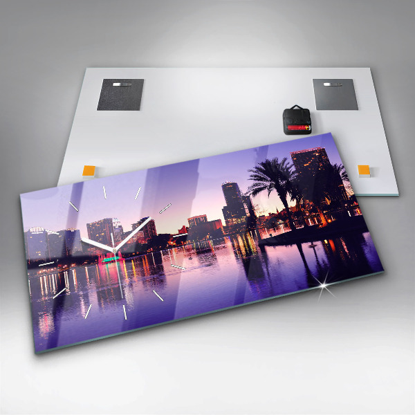 Glass wall clock rectangular Orlando city skyline