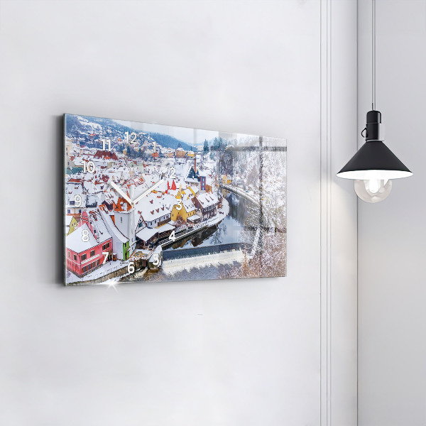 Glass wall clock rectangular Panorama of the city in winter