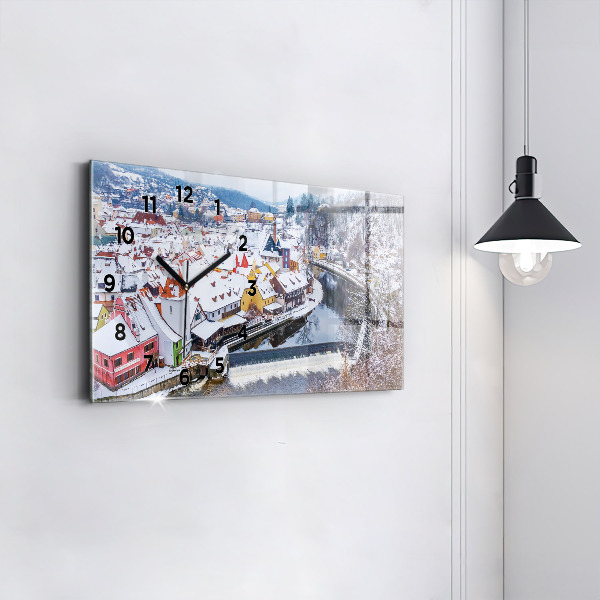 Glass wall clock rectangular Panorama of the city in winter