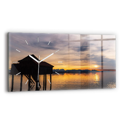 Glass wall clock rectangular Sunset over the lake