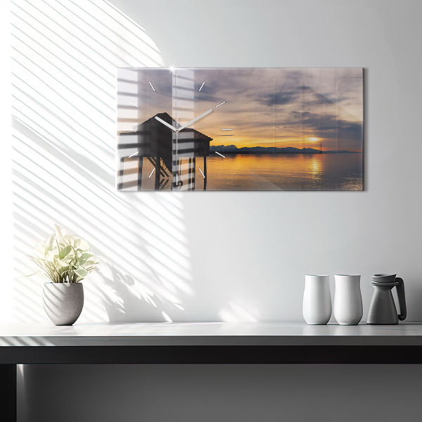 Glass wall clock rectangular Sunset over the lake
