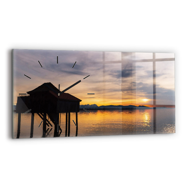 Glass wall clock rectangular Sunset over the lake
