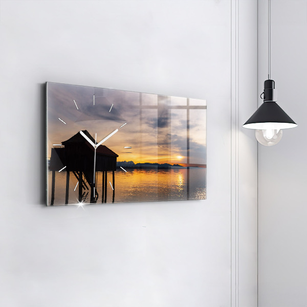Glass wall clock rectangular Sunset over the lake