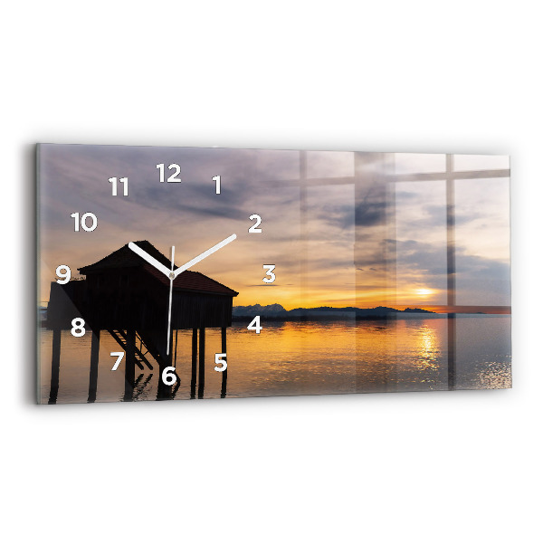 Glass wall clock rectangular Sunset over the lake