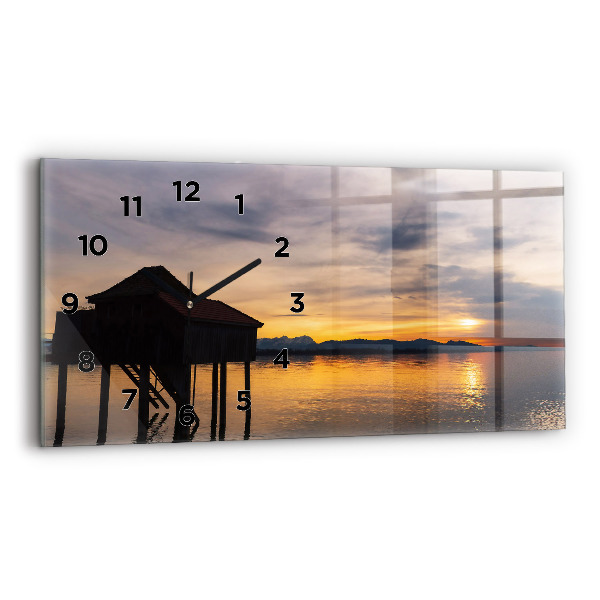 Glass wall clock rectangular Sunset over the lake