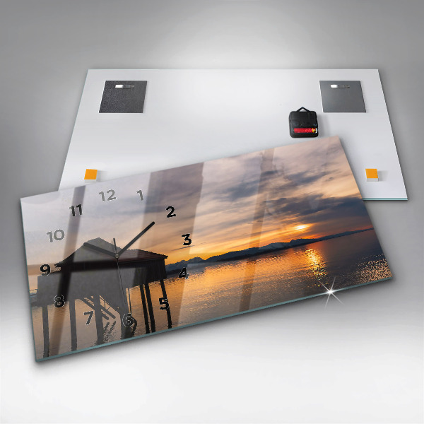 Glass wall clock rectangular Sunset over the lake