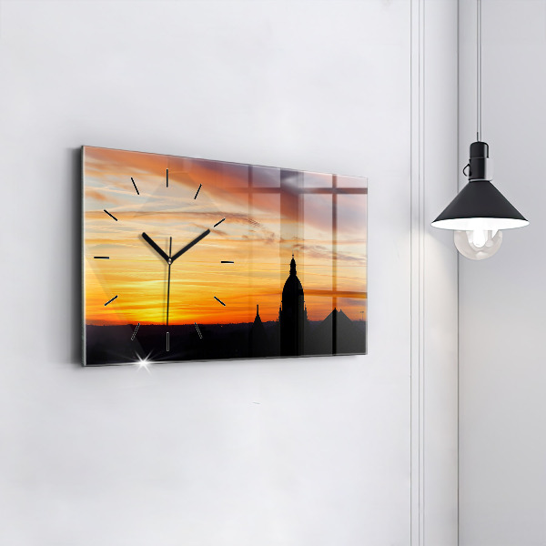 Glass wall clock rectangular Building and sunset