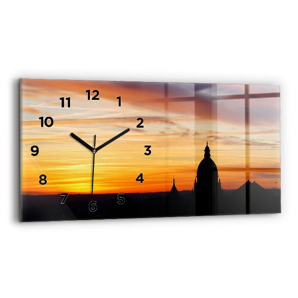 Glass wall clock rectangular Building and sunset