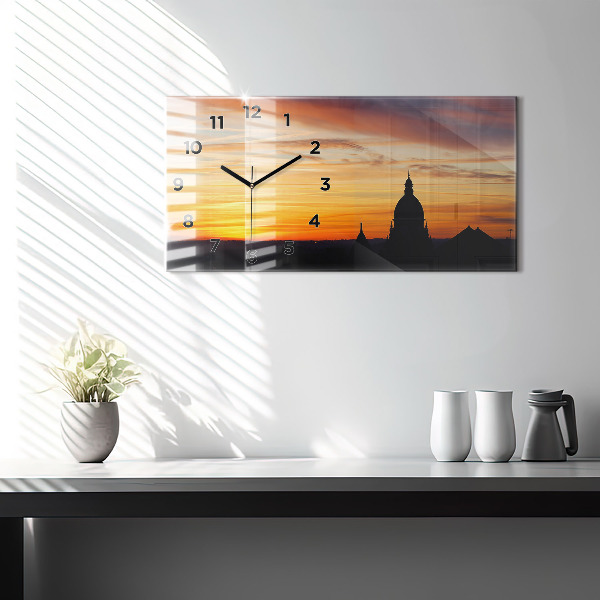 Glass wall clock rectangular Building and sunset