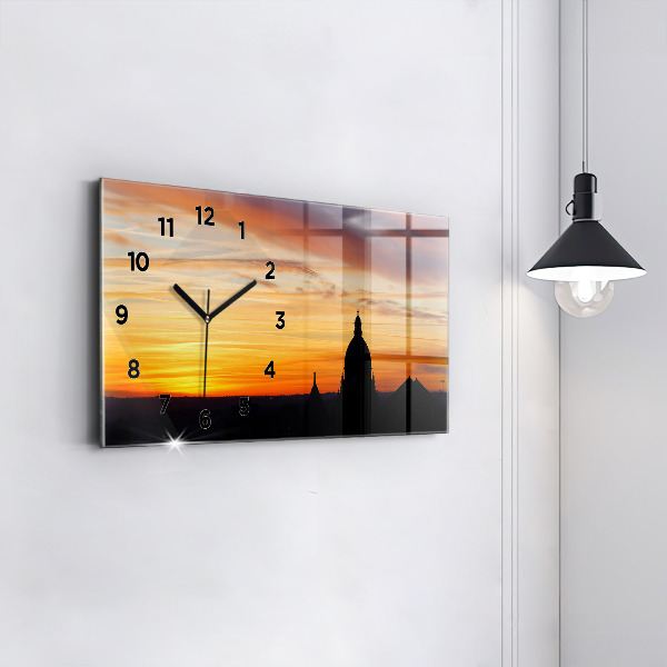 Glass wall clock rectangular Building and sunset