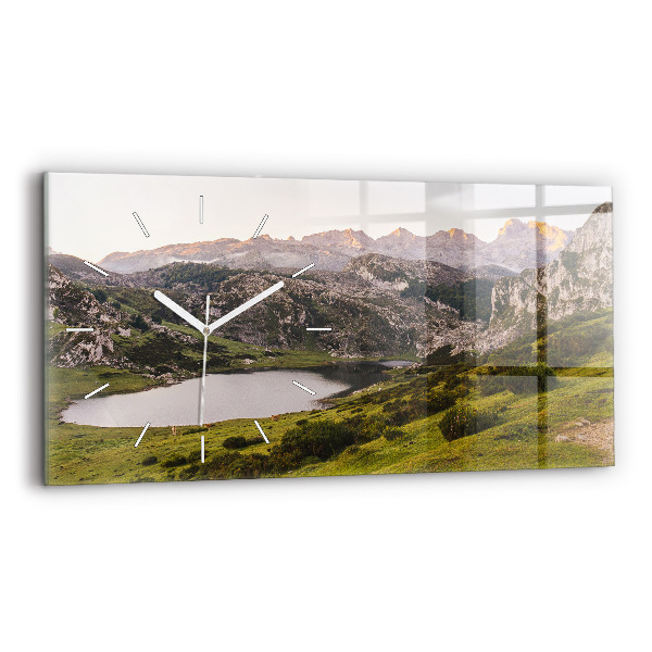 Glass wall clock rectangular Lake and Pyrenees Mountains