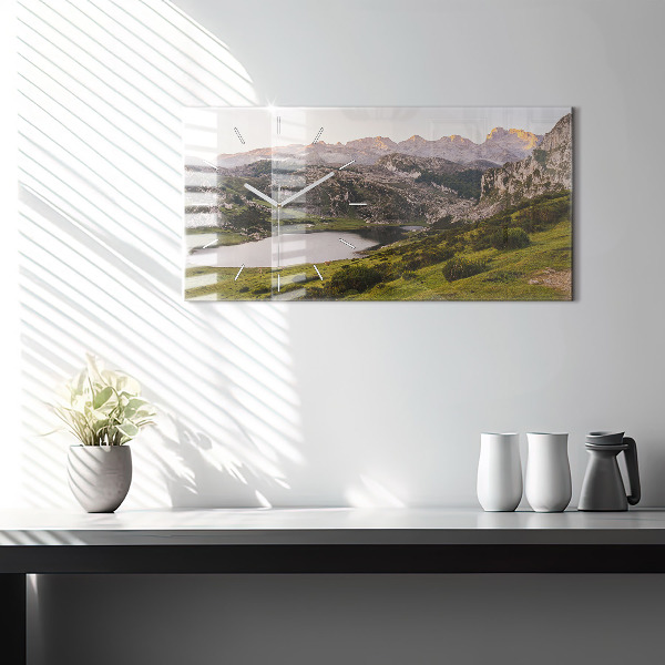 Glass wall clock rectangular Lake and Pyrenees Mountains